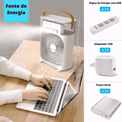 Ventilador portátil branco com alça marrom em mesa de madeira, mostrando dimensões e opções de fonte de energia USB