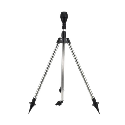 Tripé metálico com pés pontiagudos e suporte ajustável para instrumentos ou câmeras