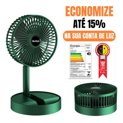 Ventilador portátil verde com selo de eficiência energética e texto economize até 15% na conta de luz