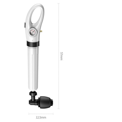 Bomba de ar portátil branca com manômetro e medida de 57mm altura por 12,5mm largura