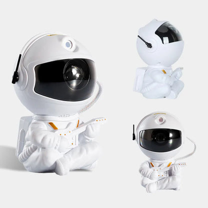 Boneco astronauta branco tocando guitarra, design futurista, detalhes em preto e laranja