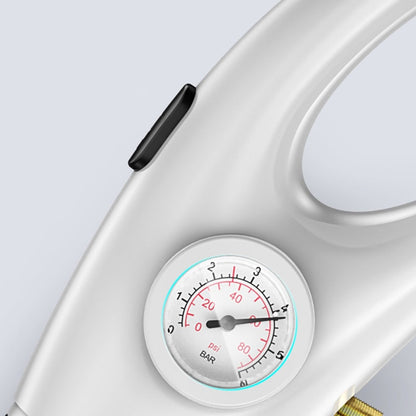 Medidor de pressão com escala em bar e psi em dispositivo branco com botão preto