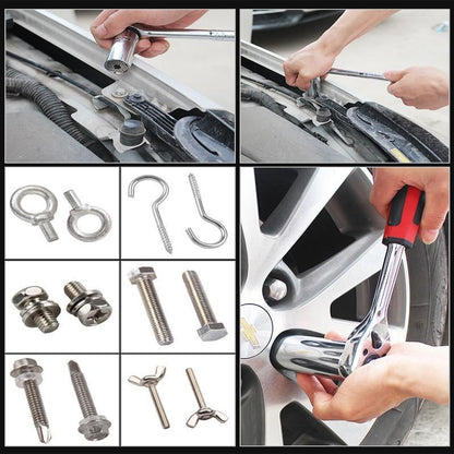 Pessoa usando ferramentas manuais para apertar parafusos no motor e roda de carro Chevrolet com foco em chaves de catraca e parafusos variados