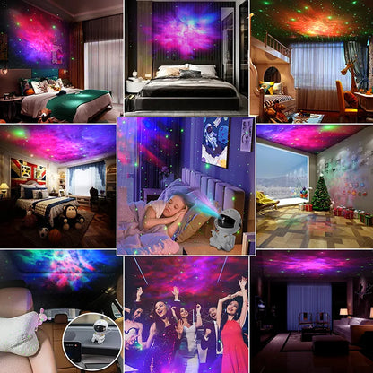 Luzes de teto com projeção de nebulosas coloridas em vários ambientes internos como quartos, sala e carro, criando atmosfera cósmica