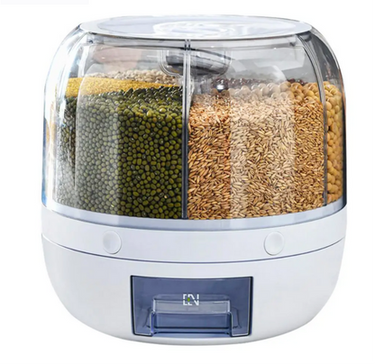 Organizador de grãos com divisórias, tampa transparente e base branca, armazenando diferentes tipos de sementes e grãos