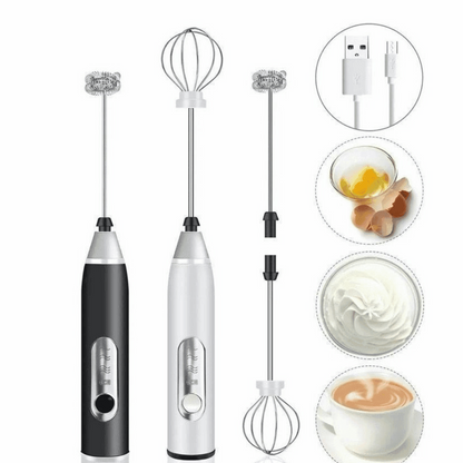 Mixer elétrico recarregável preto e branco com batedores, cabo USB e imagens de ovos, chantilly e café