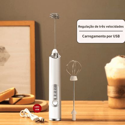 Mixer elétrico recarregável branco com regulagem de 3 velocidades, carregamento por USB e acessórios