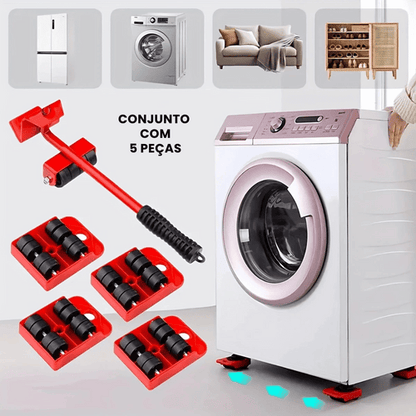 Kit de mover e levantar móveis com 5 peças vermelhas, rolamentos e alavanca, usado para deslocar eletrodomésticos