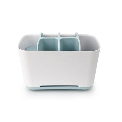 Organizador de mesa branco com divisórias internas azul claro, design compacto e moderno