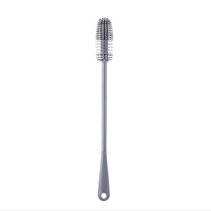 Escova de silicone para limpeza com cabo longo cinza, ideal para utensílios e garrafas