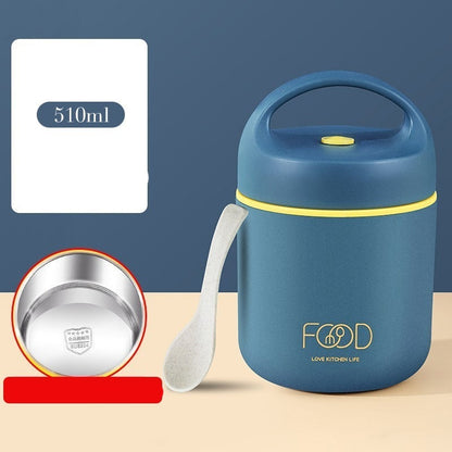 Pote térmico azul de 510ml com colher branca, design compacto e alça para transporte