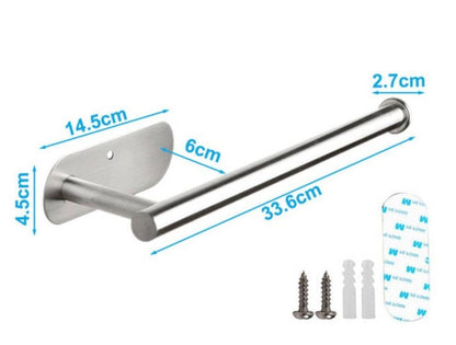 Suporte de aço inox para papel higiênico com medidas detalhadas e acessórios de instalação