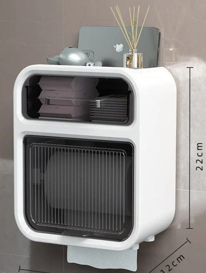 Estante branco de parede com divisórias para organização, porta transparente e suporte para papel toalha