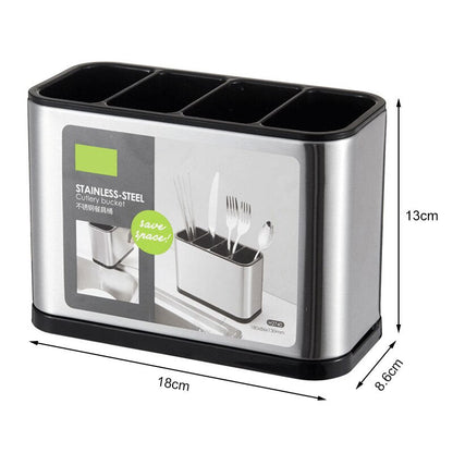 Organizador de talheres em aço inox com quatro divisórias, design compacto e base preta