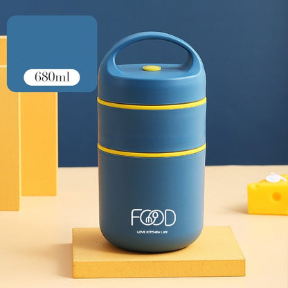 Marmita térmica azul com detalhes amarelos, capacidade de 680ml, para alimentos