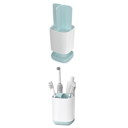 Organizador de escovas de dentes e pasta com compartimentos, design moderno branco e azul claro