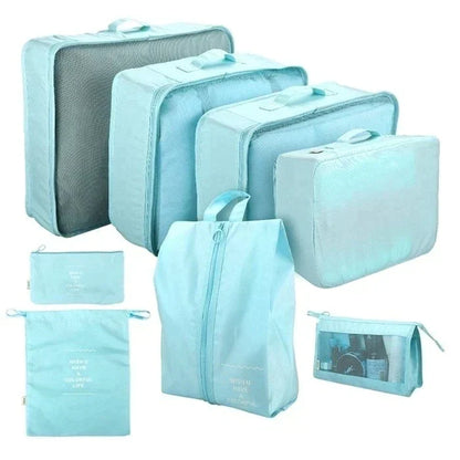Conjunto de bolsas organizadoras de viagem azul claro, diversos tamanhos com zíper e translucidez