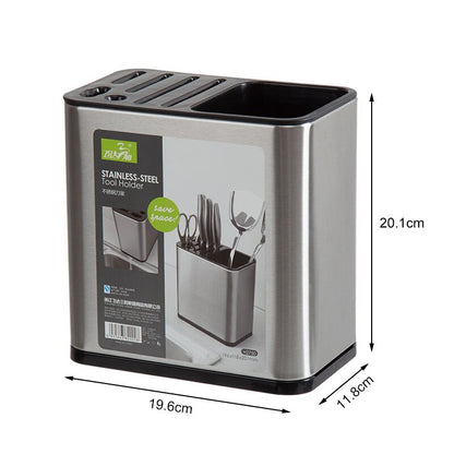 Organizador de utensílios em aço inox com compartimentos para facas e talheres, economia de espaço