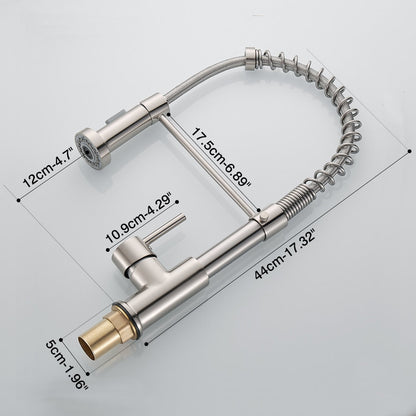 Torneira industrial de aço inox para cozinha com medidas detalhadas em centímetros e polegadas