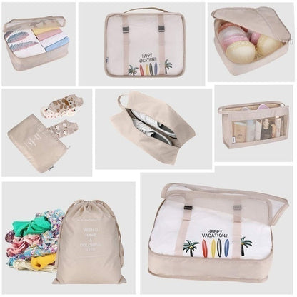 Conjunto de organizadores de viagem bege com frase Happy Vacation, ideal para roupas, sapatos, cosméticos e acessórios