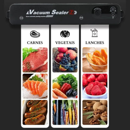 Seladora a vácuo para carnes, vegetais e lanches, mostrando alimentos frescos como carne, peixe, salsichas, frutas e legumes.