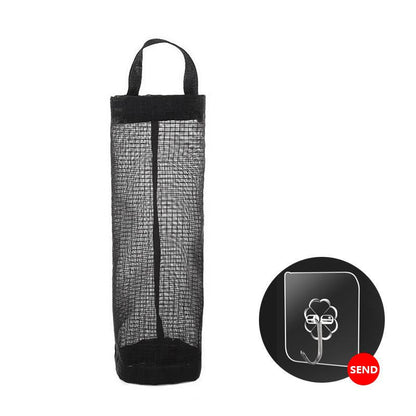 Bolsa organizadora de tela em malha preta com alça e gancho adesivo transparente para pendurar