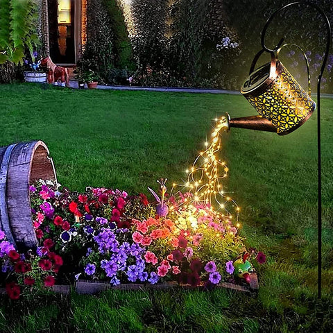 Jardim noturno com flores coloridas, regador decorativo iluminado com luzes de LED