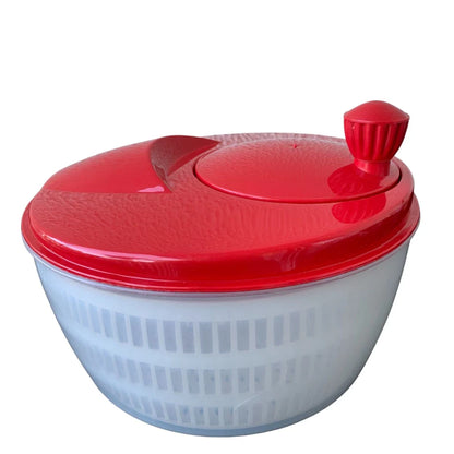 Centrífuga de salada plástica branca com tampa vermelha e manivela para secar folhas