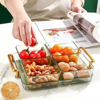 Bandeja multifuncional de vidro com potes organizadores contendo tomates, castanhas, nozes e frutas cítricas