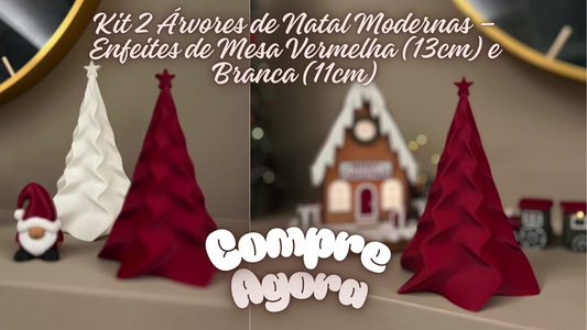 Kit 2 Árvores de Natal Modernas – Enfeites de Mesa para Natal - Vermelha (13cm) e Branca (11cm)