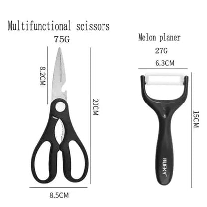 Tesoura multifuncional preta com lâminas de 8,2 cm e descascador de melão com lâmina de 6,3 cm
