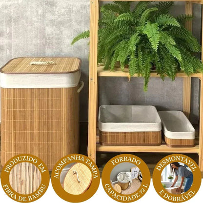 cesto de bambu com tampa e forro branco ao lado de planta em estante de madeira