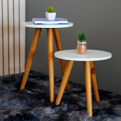 Mesas laterais com tampo branco e pernas de madeira, decoradas com plantas suculentas e caderno roxo