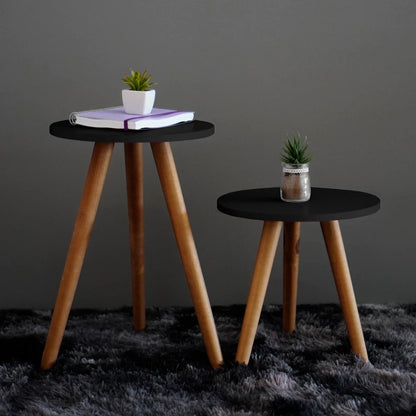 Mesas laterais pretas com pernas de madeira, decoração com suculentas e caderno em ambiente moderno