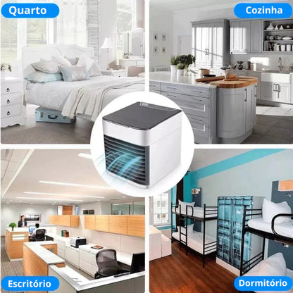 Climatizador portátil branco em ambientes variados: quarto, cozinha, escritório e dormitório com beliches