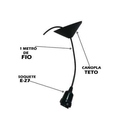 Soquete E-27 com 1 metro de fio e canopla para teto, suporte para lâmpada elétrica