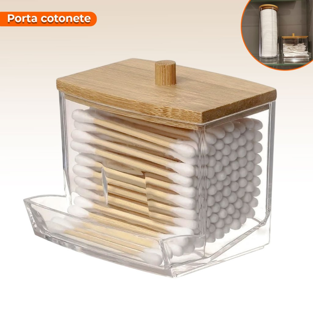 Organizador Algodão E Cotonetes Acrílico Tampa Bambu Kit