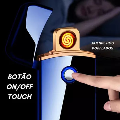 Isqueiro eletrônico metálico azul com botão touch on/off e chama dupla acesa
