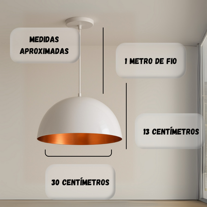Lustre Meia lua 30cm Pendente Branco c/ Cobre Decoração Elegante