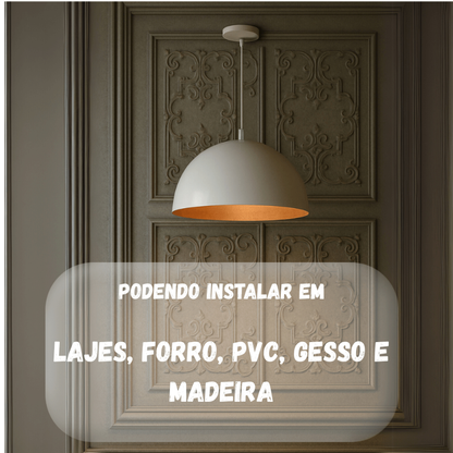 Lustre Meia lua 30cm Pendente Branco c/ Cobre Decoração Elegante