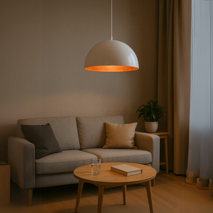 Lustre Meia lua 30cm Pendente Branco c/ Cobre Decoração Elegante