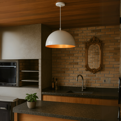 Lustre Meia lua 30cm Pendente Branco c/ Cobre Decoração Elegante