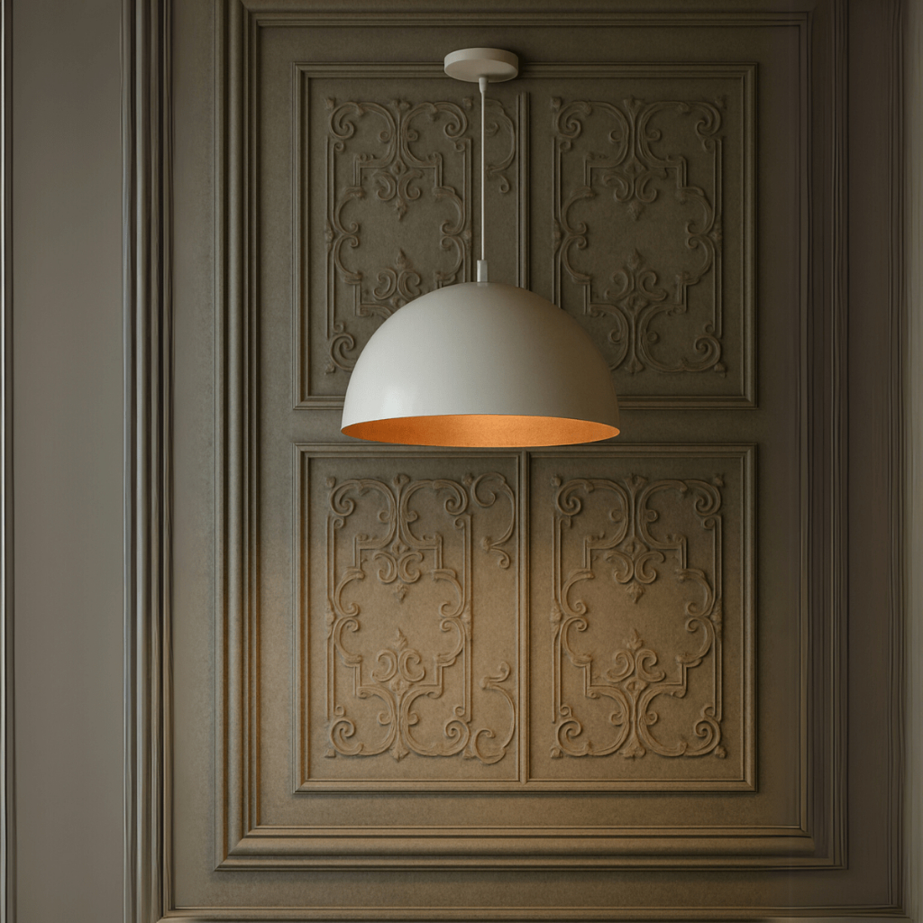 Lustre Meia lua 30cm Pendente Branco c/ Cobre Decoração Elegante