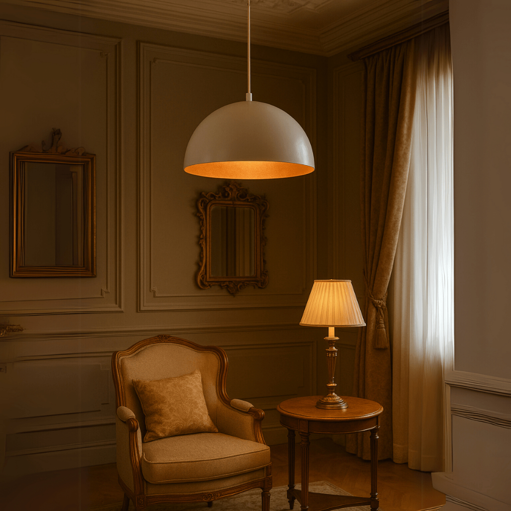 Lustre Meia lua 30cm Pendente Branco c/ Cobre Decoração Elegante