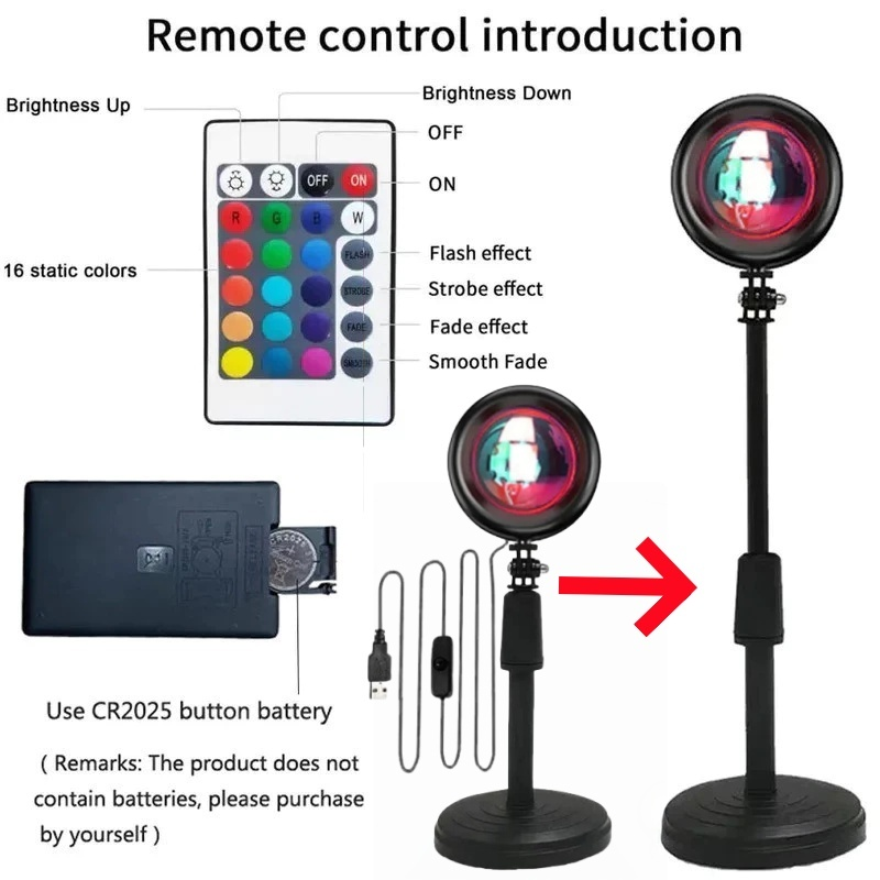 Lâmpada Pôr do Sol com Controle Remoto Luz Noturna USB 16 Cores Ajustáveis