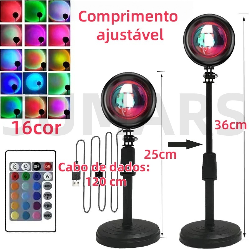 Lâmpada Pôr do Sol com Controle Remoto Luz Noturna USB 16 Cores Ajustáveis