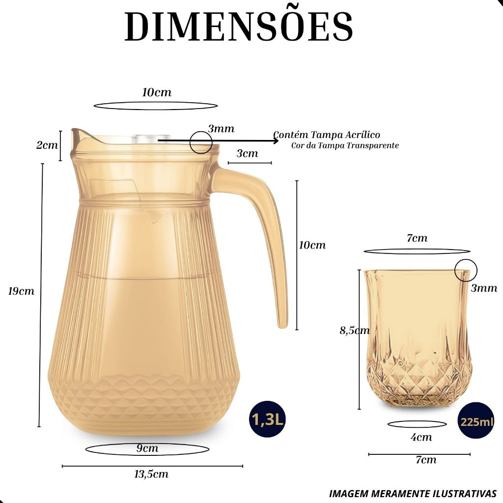 Conjunto de 1 Jarra de Vidro Âmbar com Tampa e 6 Copos
