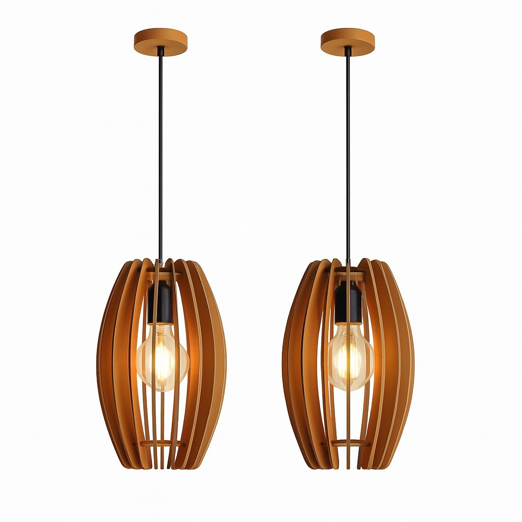 Kit 2 Lustre Pendente De Teto Em Madeira Para Decoração