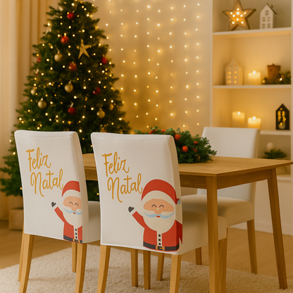 Capas de Cadeira Natalinas Elásticas – Papai Noel Feliz Natal