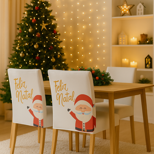 Capas de Cadeira Natalinas Elásticas – Papai Noel Feliz Natal